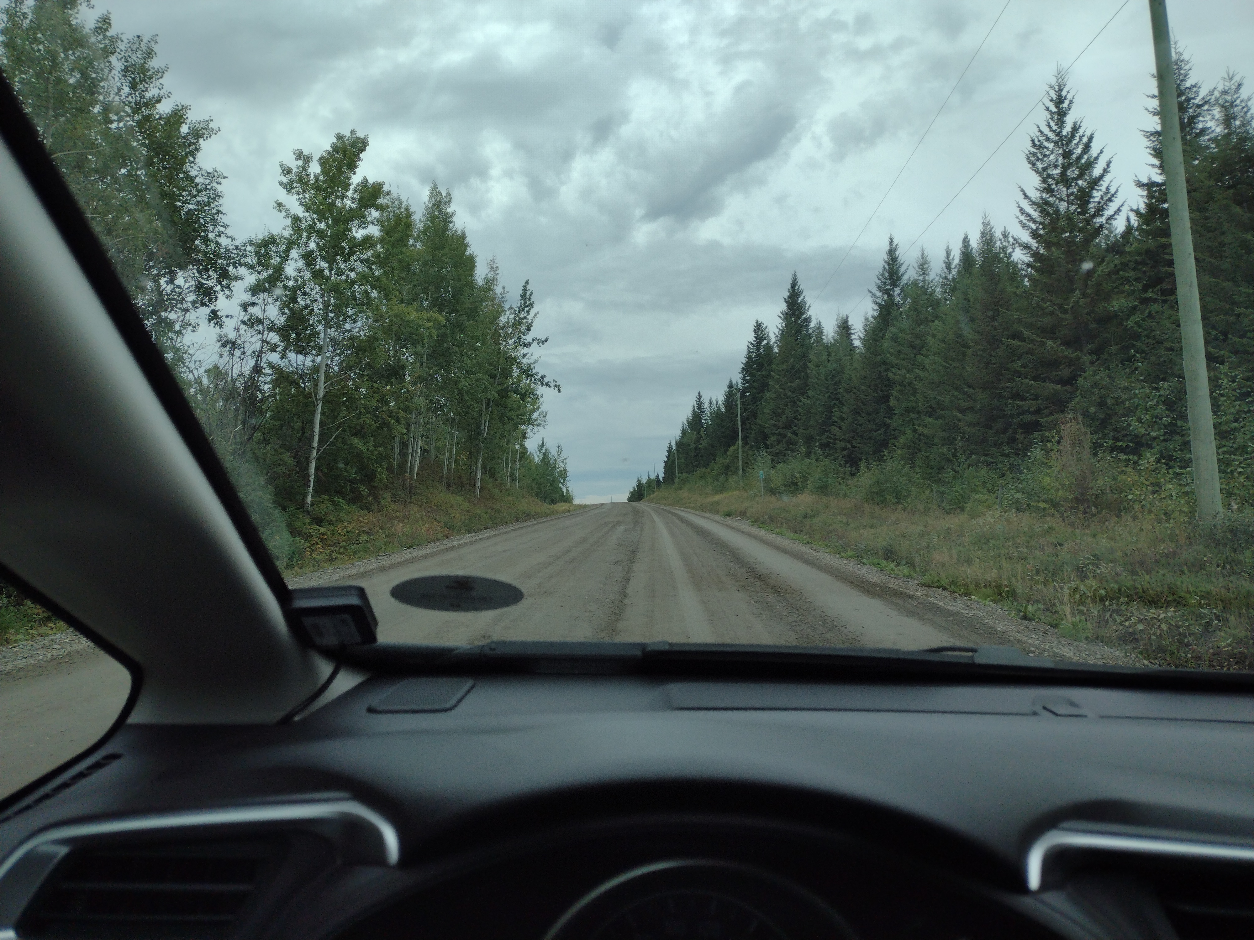 View of a wide dirt road with trees on either side from the inside of the car. The sky is filled with grey clouds.
