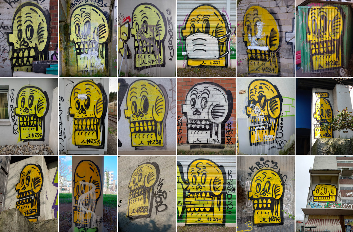 18 newer skulls numbered in the 200s and 300s, all but one of which are yellow. Almost all have closed jaws and inverted heart shaped noses. There is more diversity in this set, including a masked skull, a worried skull, a skull with sunglasses, and a skull eating bricks. The last of the skulls is significantly larger and painted onto the side of a building with something other than spray paint, unlike the rest of the skulls.
