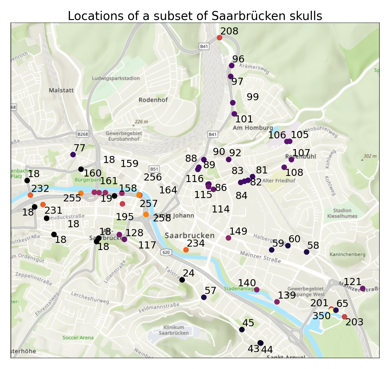 Scatterplot of 61 points on a map of Saarbrücken city, titled 'Locations of a subset of Saarbrücken skulls'. Each dot represents a numbered skull and is labelled and colour-coded with its number, with darker colours representing lower numbers. The map shows a concentration of skulls in the central part of the city. Further out, there are skulls on both sides of the river Saar as well as on several main roads that are important enough to be shown on the map. There are multiple 18s in Alt-Saarbrücken, and a cluster of skulls from 80 to 92 between the neigbourhoods of Sankt Johann and Rotenbühl. Some other places appearing to have been visited on multiple occasions, e.g., numbers 65, 201 and 350 are all located near Römerkastell.
